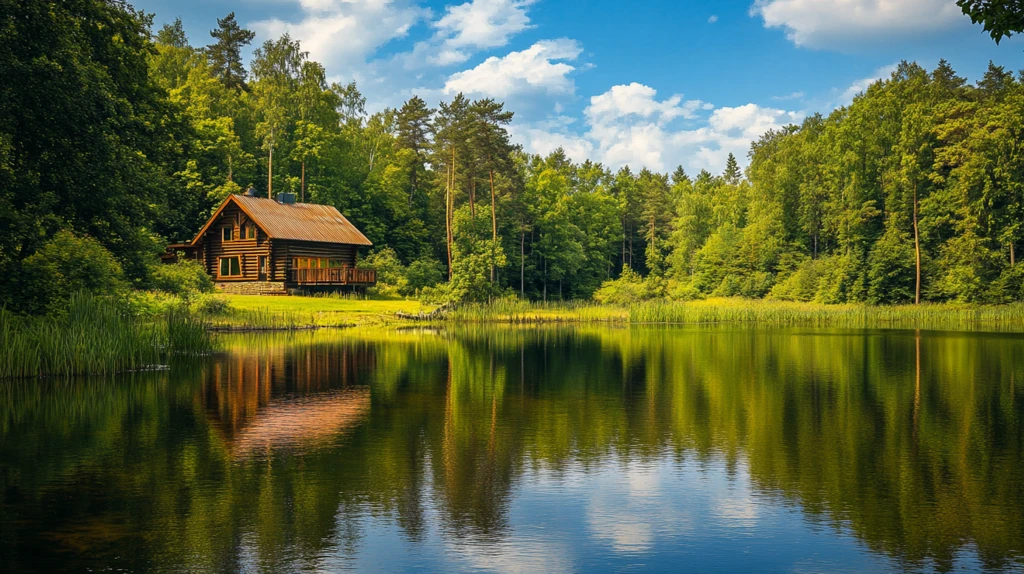 木屋倒影林场牧场风景