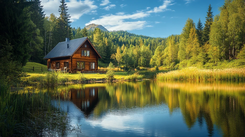 木屋倒影林场牧场风景