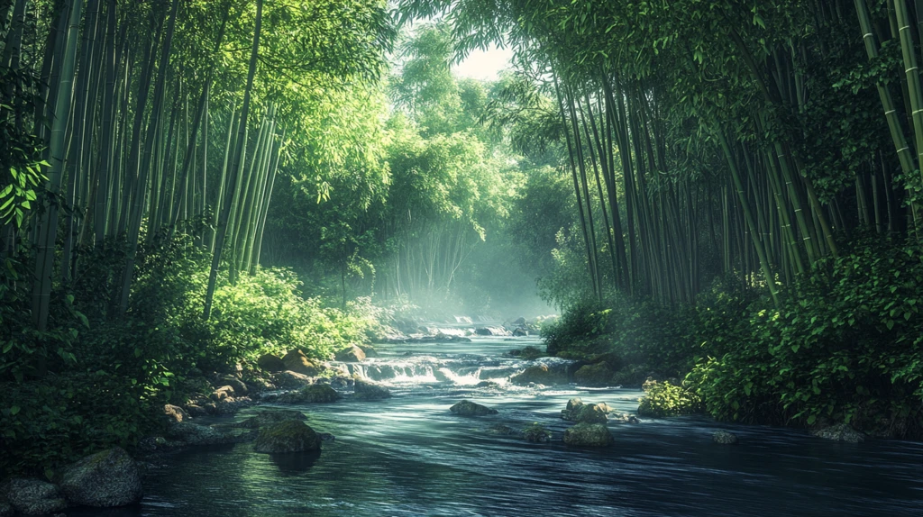 竹林河流山水
