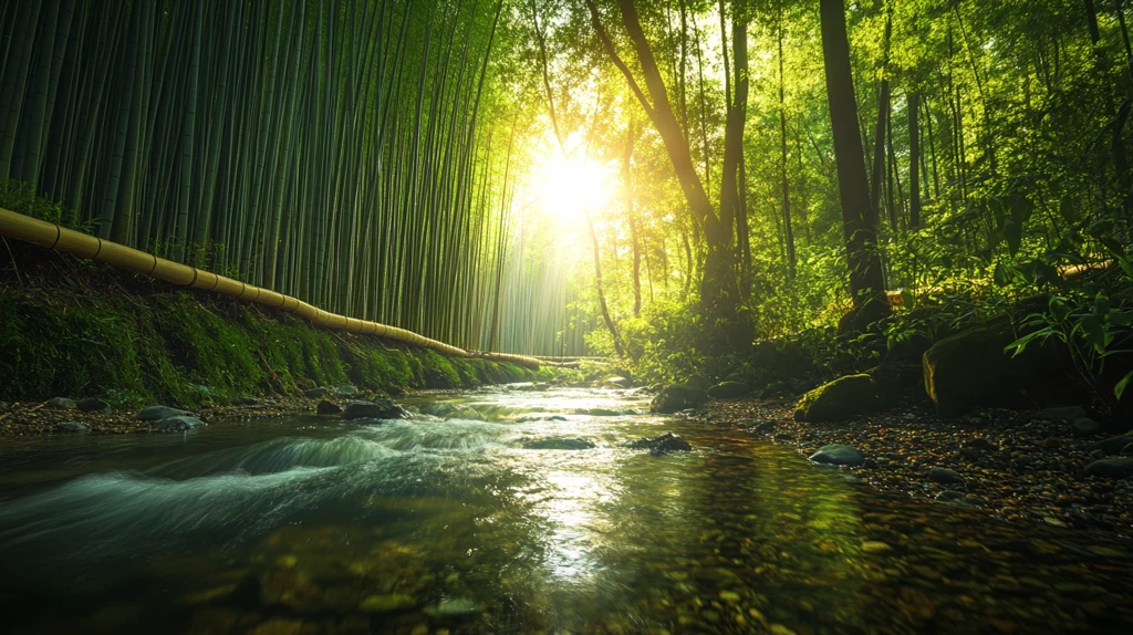 春天竹林瀑布晨曦唯美