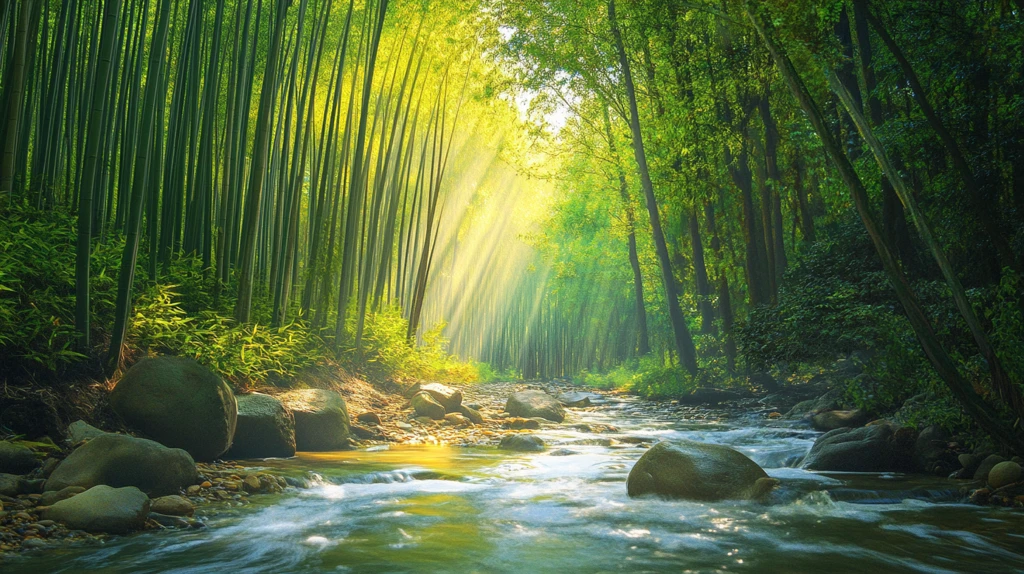 春天竹林瀑布晨曦唯美