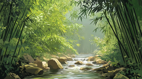 竹林河流山水