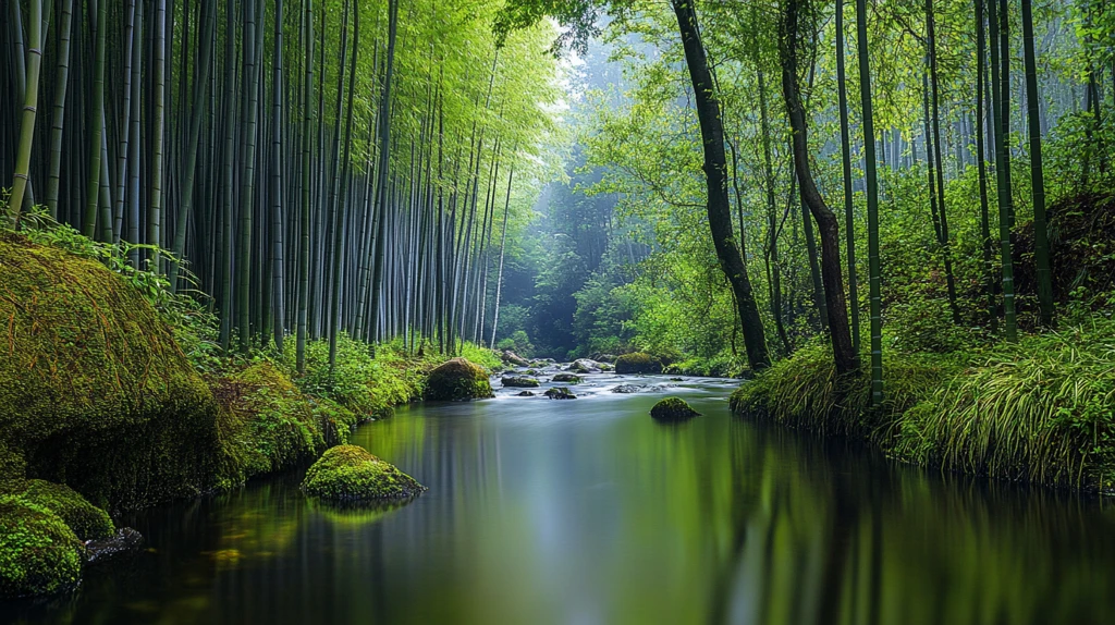 竹林河流山水