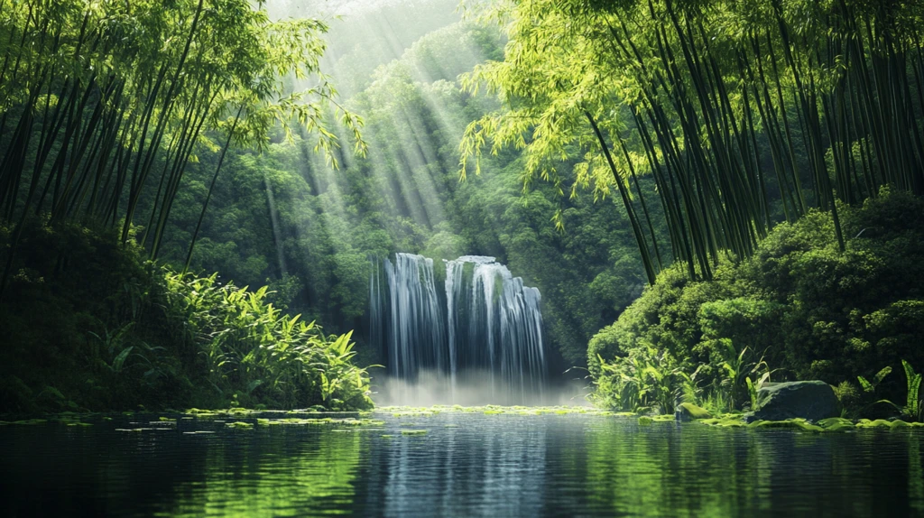 春天竹林瀑布晨曦唯美