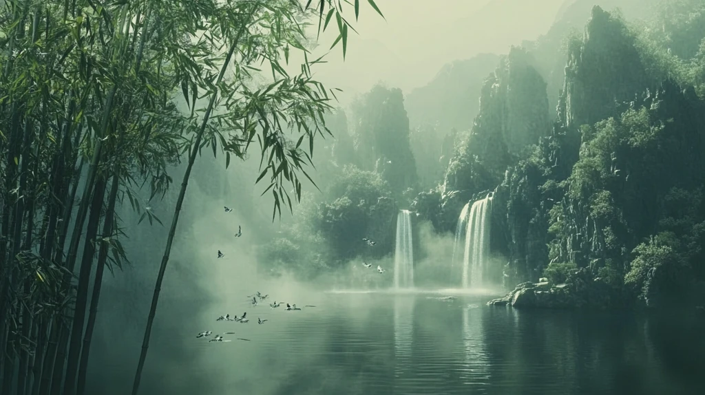 春天竹林瀑布晨曦唯美