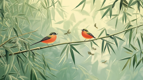 竹林飞鸟插画