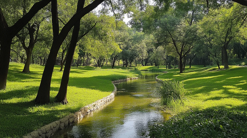绿树湿地阳光绿草地