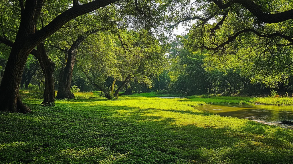绿树湿地阳光绿草地