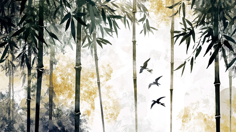 竹林飞鸟插画