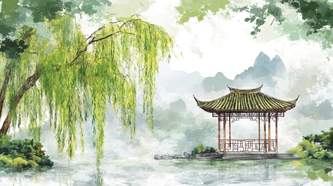 水榭树木水彩画