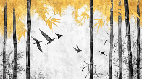 竹林飞鸟插画