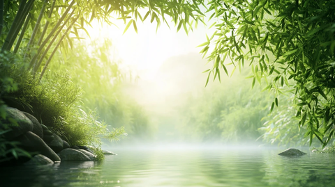 春天竹林瀑布晨曦唯美