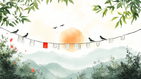 竹林飞鸟插画