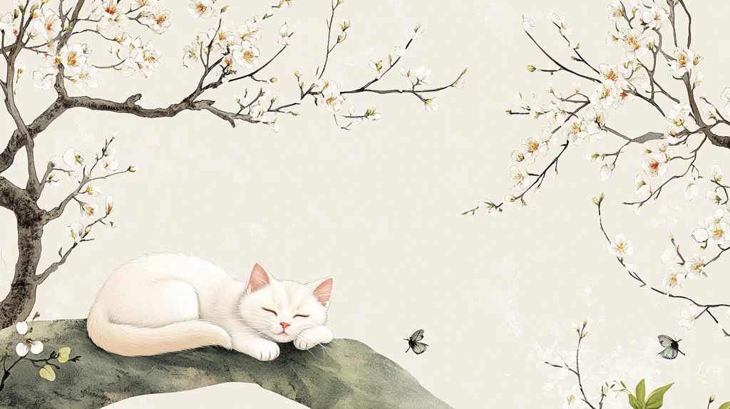 春天猫咪樱花插画壁纸