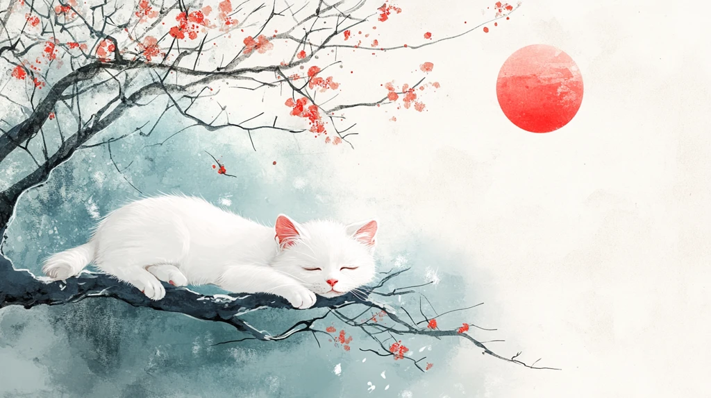 春天猫咪樱花插画壁纸