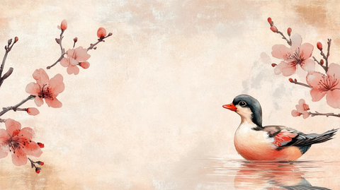 新中式水墨桃花花鸟