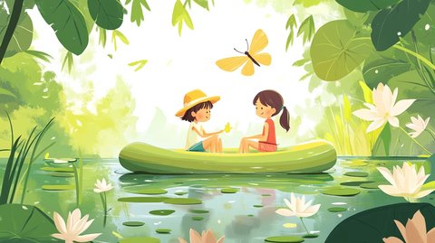 夏天荷花荷叶儿童插画