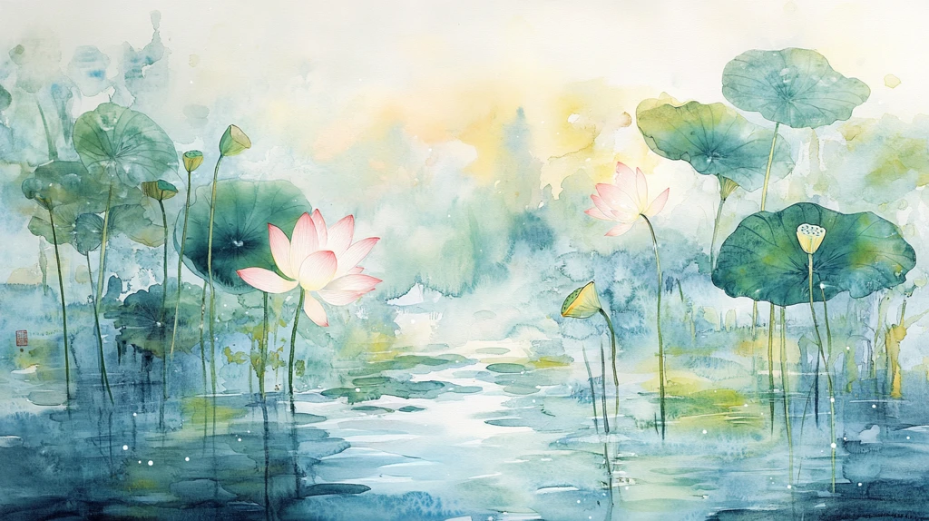 意境风景画水彩荷花