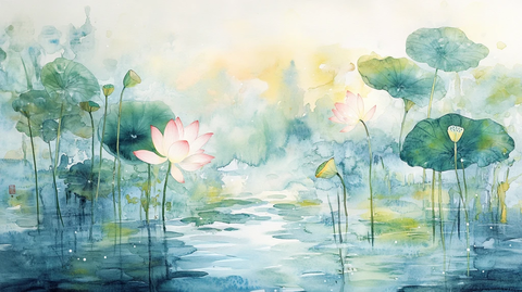 意境风景画水彩荷花