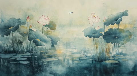 意境风景画水彩荷花