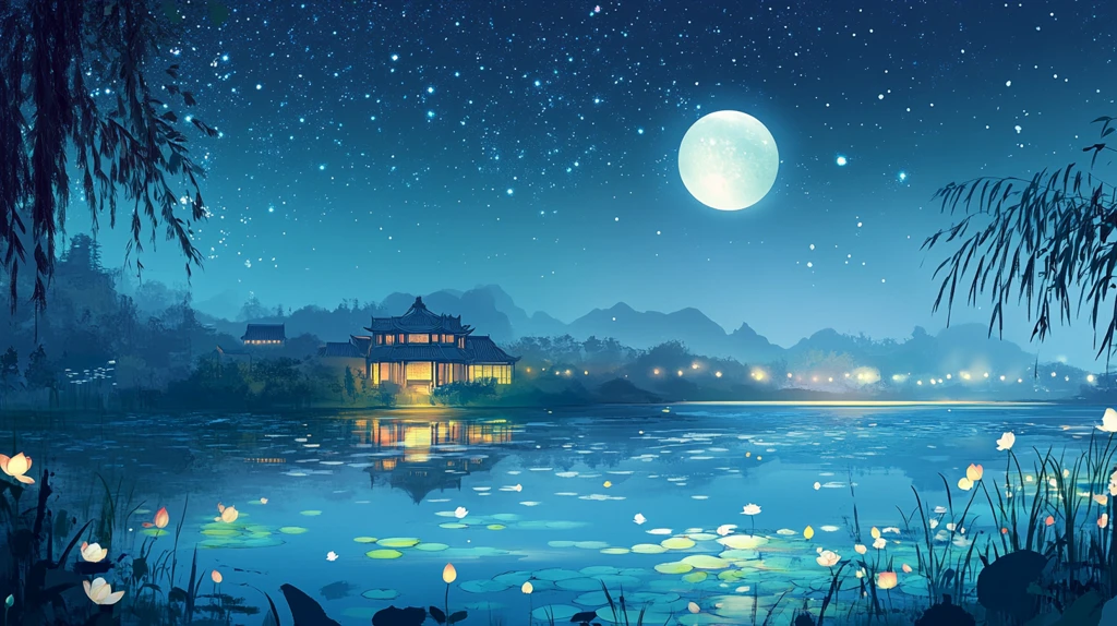 虎溪夜月景点插画