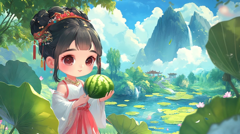 仲夏风荷塘侍女