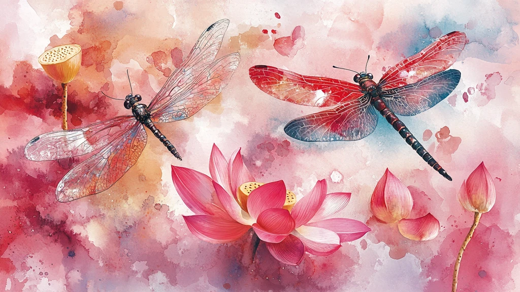 水彩莲花蜻蜓