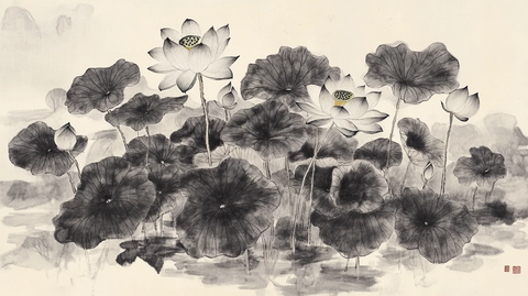 巨幅水墨荷花
