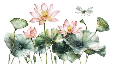 手绘工笔水彩荷花