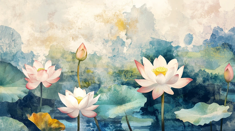 水彩荷花背景墙