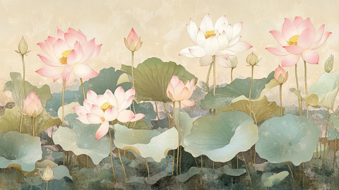 新中式大幅荷花壁画