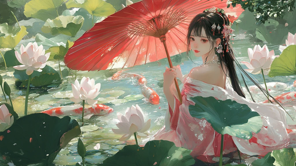 仲夏风荷塘侍女