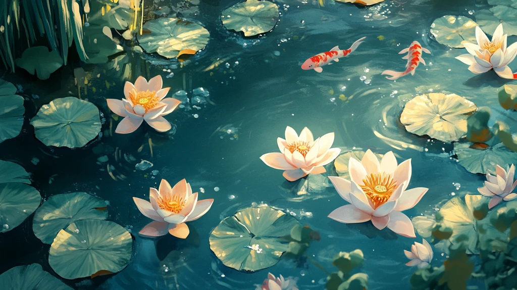 荷花塘睡莲金鱼水波纹