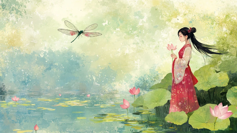 荷叶汉服女生插画