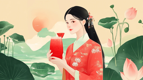 旗袍美人喝茶插画