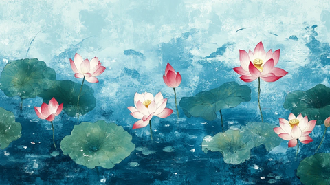 深蓝背景荷花图