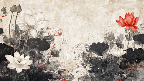 复古壁画水墨荷花