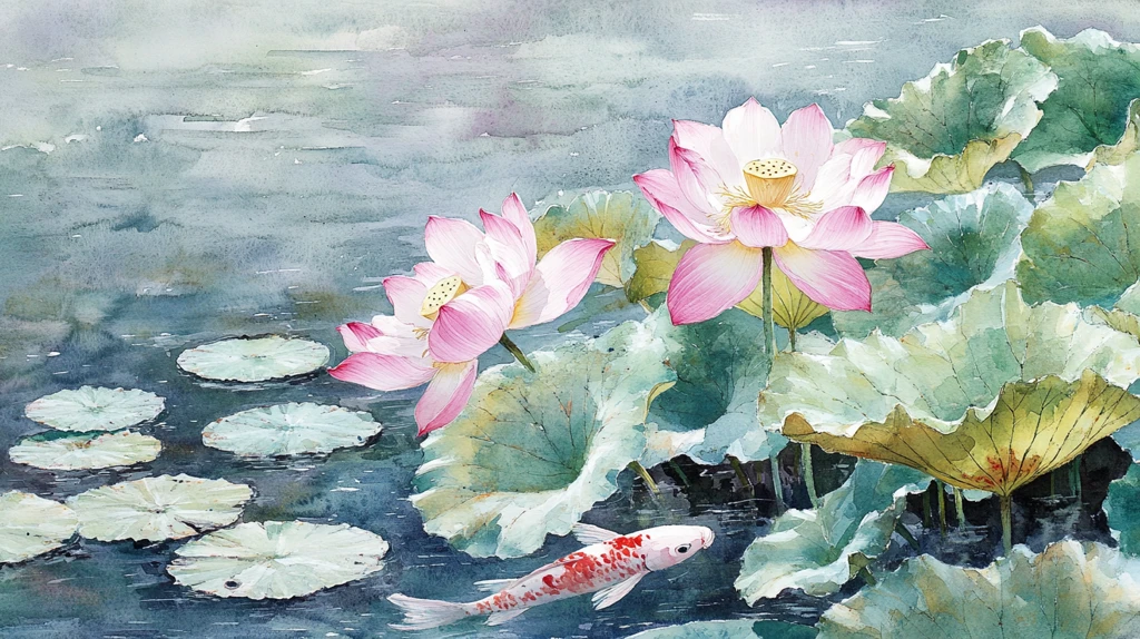 意境风景画水彩荷花