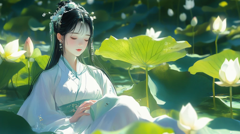 荷叶汉服女生插画