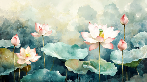 水彩荷花背景墙