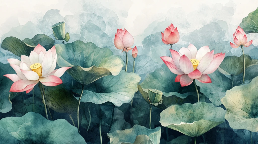 水彩荷花背景墙
