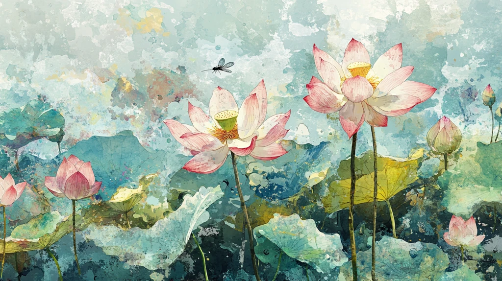 意境风景画水彩荷花