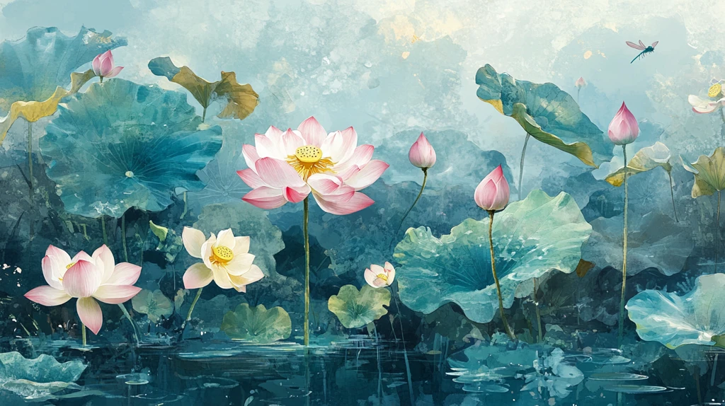 水彩荷花背景墙