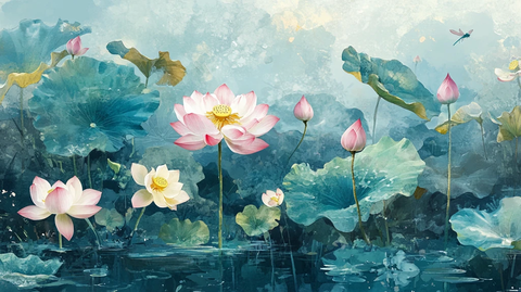 水彩荷花背景墙