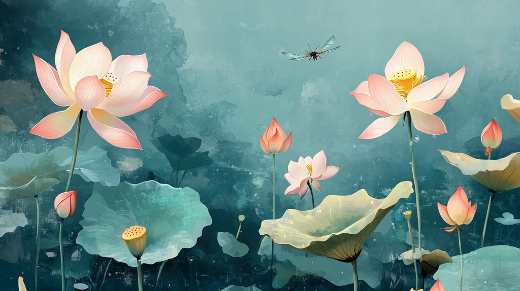 水彩荷花背景墙