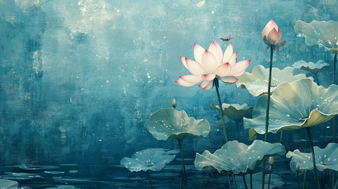 深蓝背景荷花图