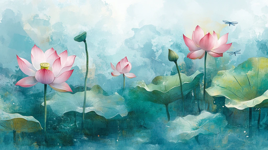意境风景画水彩荷花