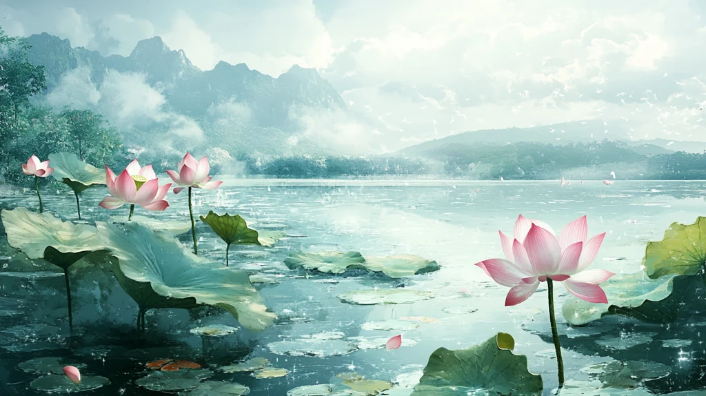 意境风景画水彩荷花