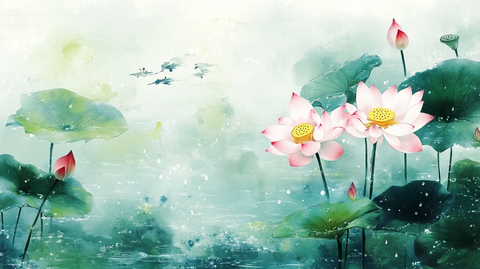 意境风景画水彩荷花