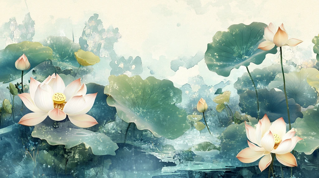 水彩荷花背景墙